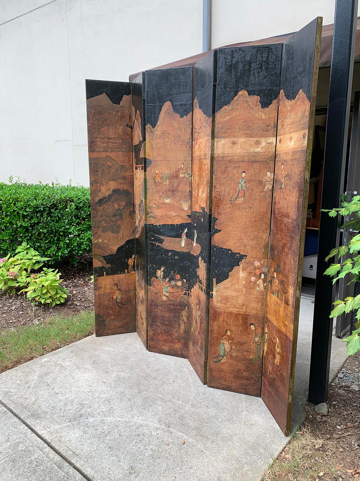Wood 19th-20th Century Asian Chinoiserie Double Sided Six-Panel Mulberry Paper Screen
