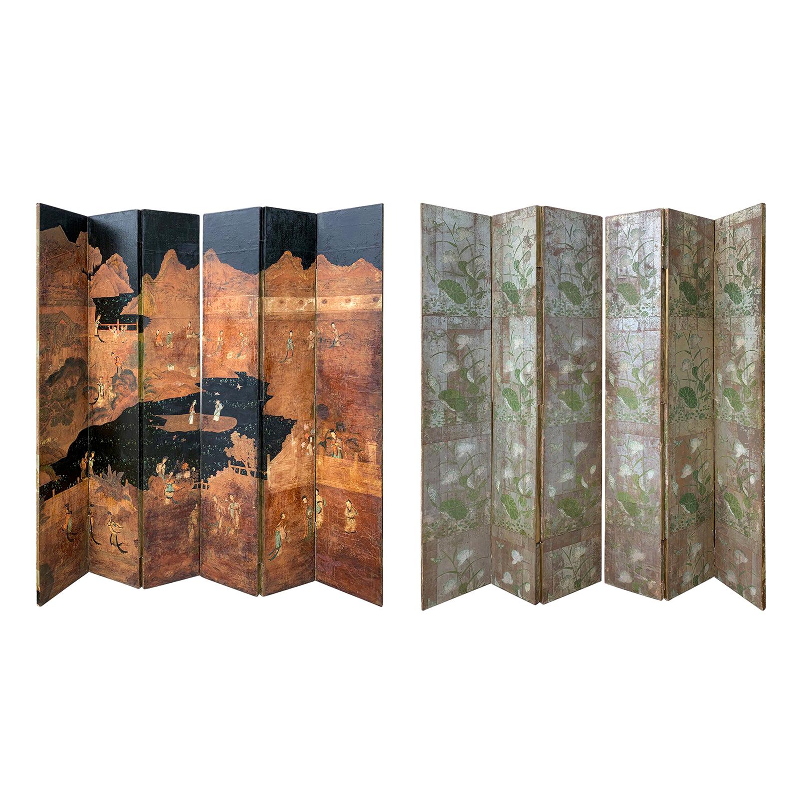 19th-20th Century Asian Chinoiserie Double Sided Six-Panel Mulberry Paper Screen