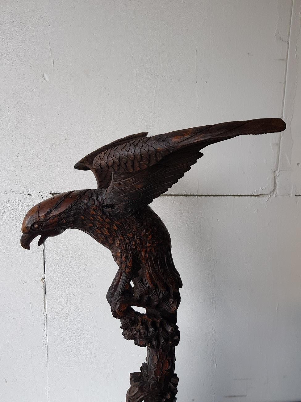 19th-20th Century Asian Wooden Carved Eagle on a Tree Trunk In Good Condition In Raalte, NL