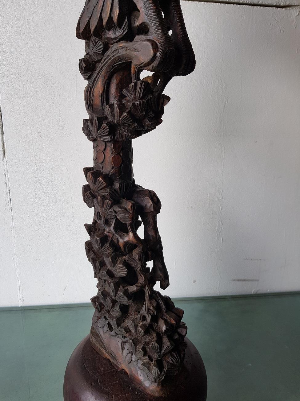 19th-20th Century Asian Wooden Carved Eagle on a Tree Trunk 2