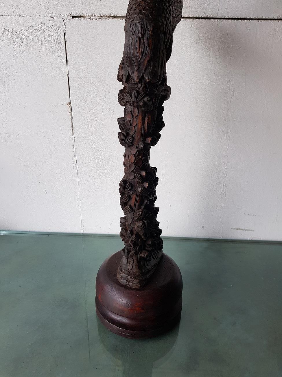 19th-20th Century Asian Wooden Carved Eagle on a Tree Trunk 3
