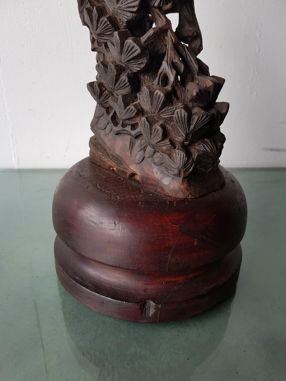 19th-20th Century Asian Wooden Carved Eagle on a Tree Trunk 4