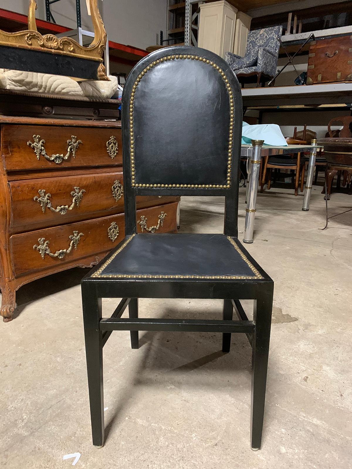 19th-20th century black leather desk / side chair with nailheads. Aesthetic movement.