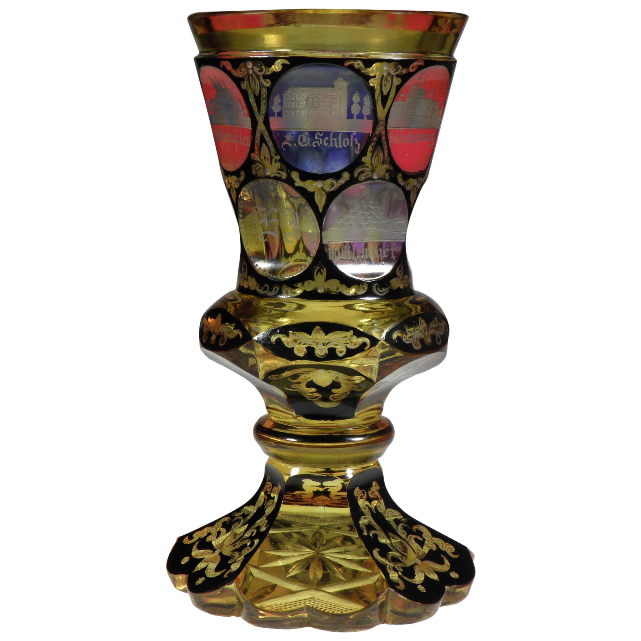 Bohemian European Engraved Goblet Teplitz Motive 19th-20th Century