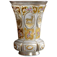 Bohemian Opaline Glass Antique Goblet Hunting Motive 19th-20th Century