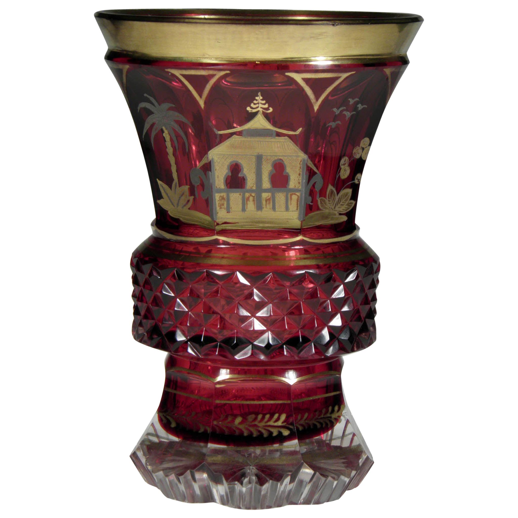 Bohemian Ruby Glass Goblet Gold Paint Chinoiserie Motive 19th-20th Century 