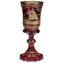 Antique Bohemian Ruby Glass Goblet Mameluck with Horse 19th-20th Century