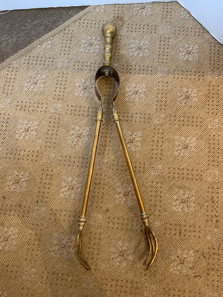 19th20th Century Brass Forked Fireplace Tongs For Sale at 1stDibs