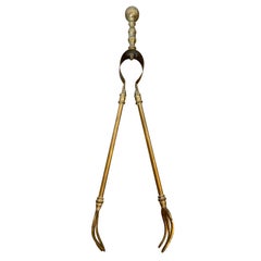 Antique 19th-20th Century Brass Forked Fireplace Tongs