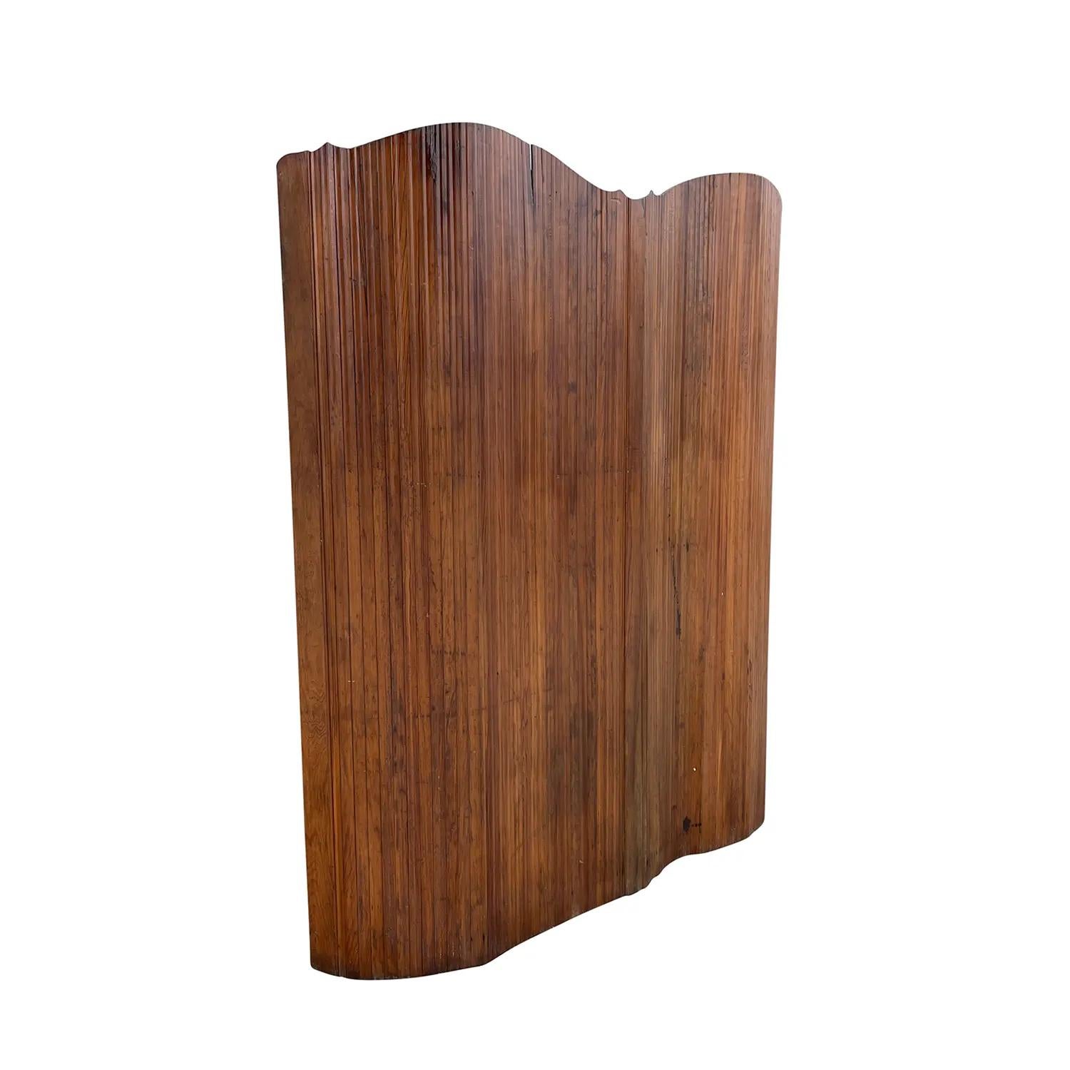 A dark-brown, antique Mid-Century Modern style Danish room divider made of hand crafted Beechwood, in good condition. The width, length of the Scandinavian screen is adjustable, composed with the original brass lock. Each wood element is has a