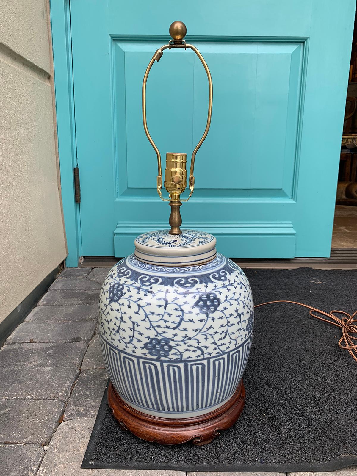 19th-20th century Chinese blue and white covered porcelain jar as lamp
New wiring.