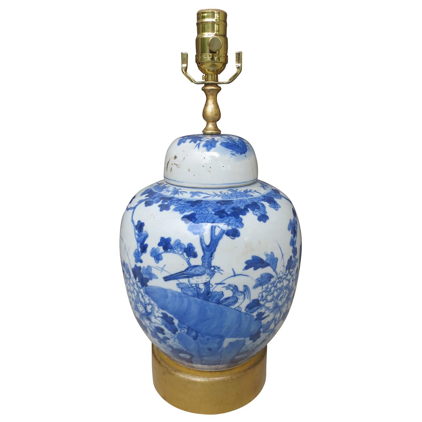 19th-20th Century Chinese Blue and White Porcelain Jar on Custom Giltwood Base