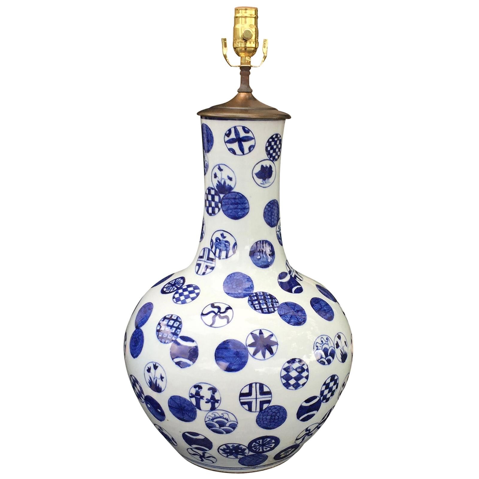 19th-20th Century Chinese Blue and White Porcelain Vase as Lamp For Sale