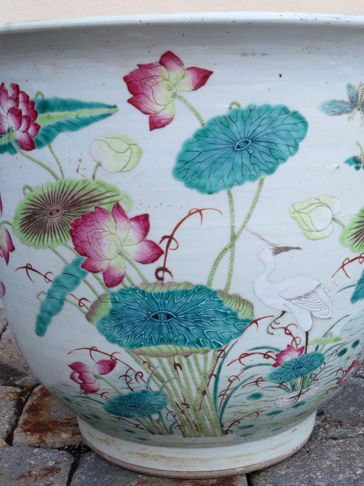 19th-20th Century Chinese Ceramic Glazed Planter with Cranes, Lily Pads, & Lotus 9