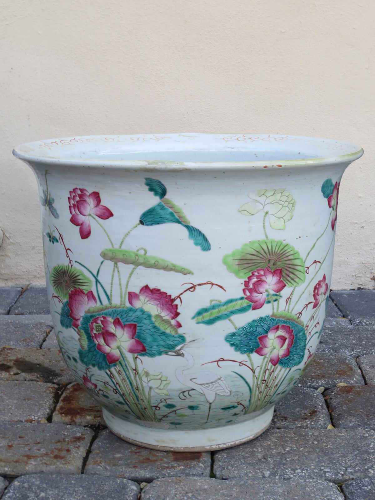 19th-20th Century Chinese Ceramic Glazed Planter with Cranes, Lily Pads, & Lotus 10