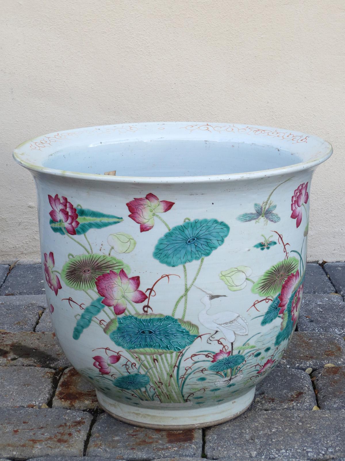 19th-20th Century Chinese Ceramic Glazed Planter with Cranes, Lily Pads, & Lotus 4