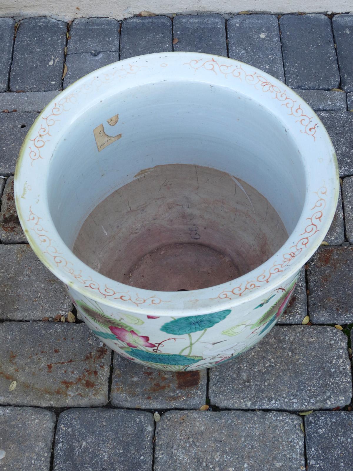 19th-20th Century Chinese Ceramic Glazed Planter with Cranes, Lily Pads, & Lotus 5