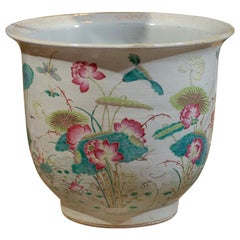 19th-20th Century Chinese Ceramic Glazed Planter with Cranes, Lily Pads, & Lotus