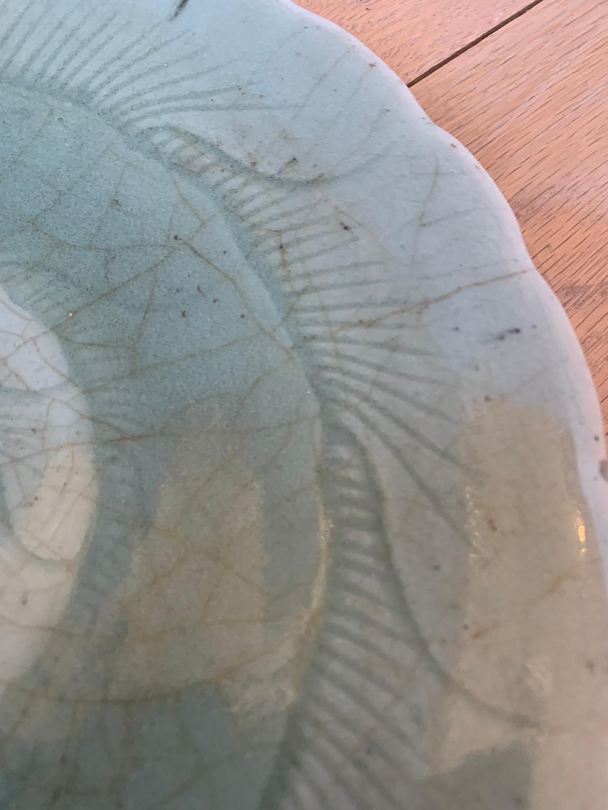 19th-20th Century Chinese Crackle Glazed Celadon Pottery Plate, Unmarked 1