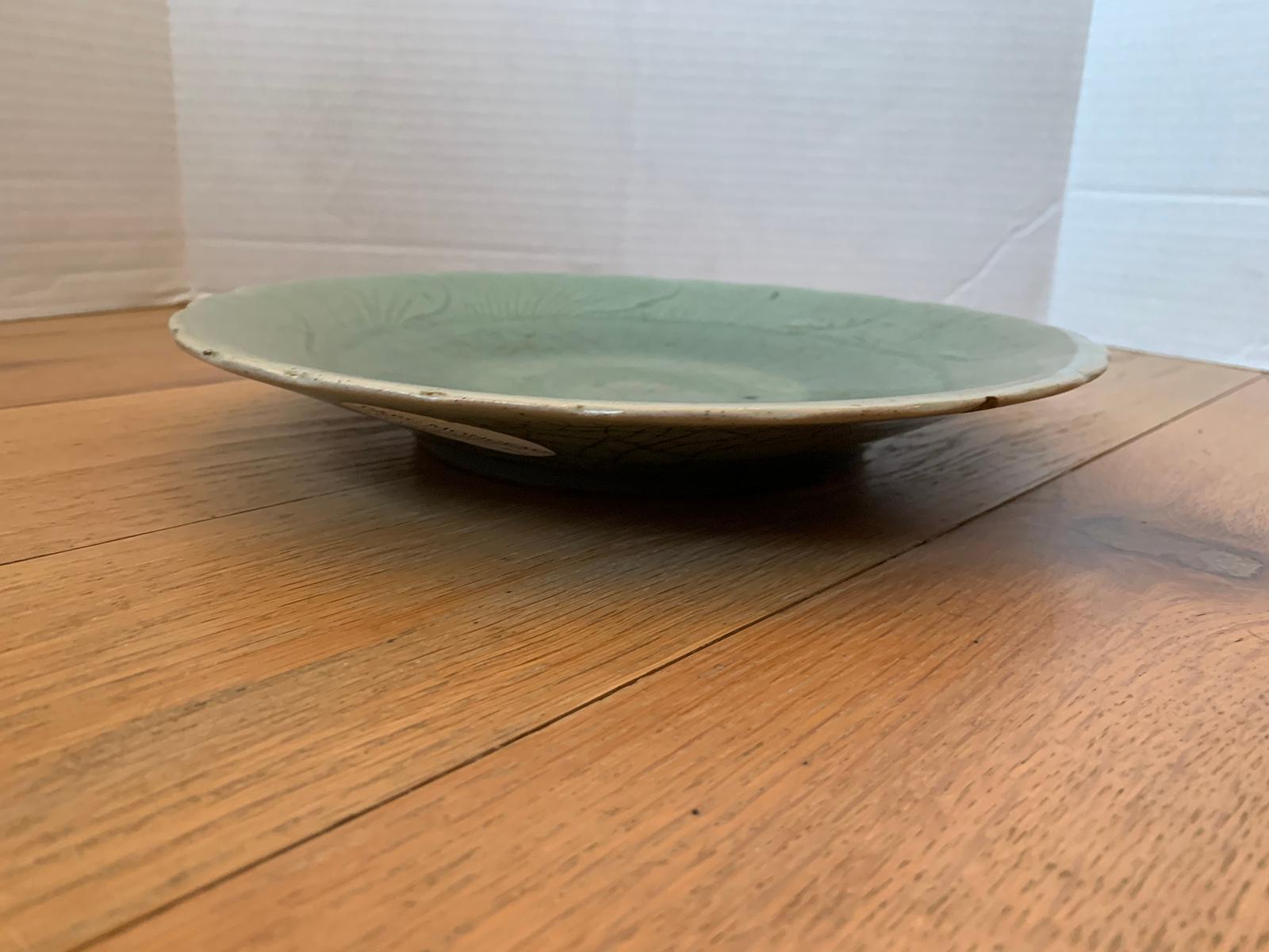 19th-20th Century Chinese Crackle Glazed Celadon Pottery Plate, Unmarked 4