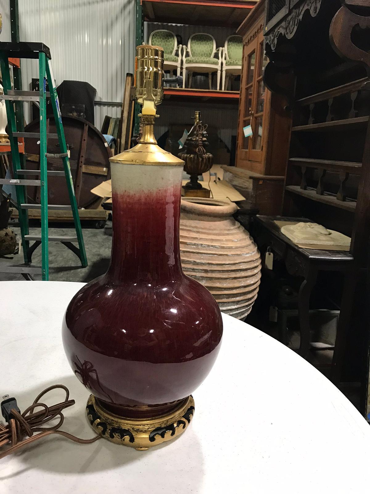 Glazed 19th-20th Century Chinese Sang de Boeuf Oxblood Porcelain Vase as Lamp