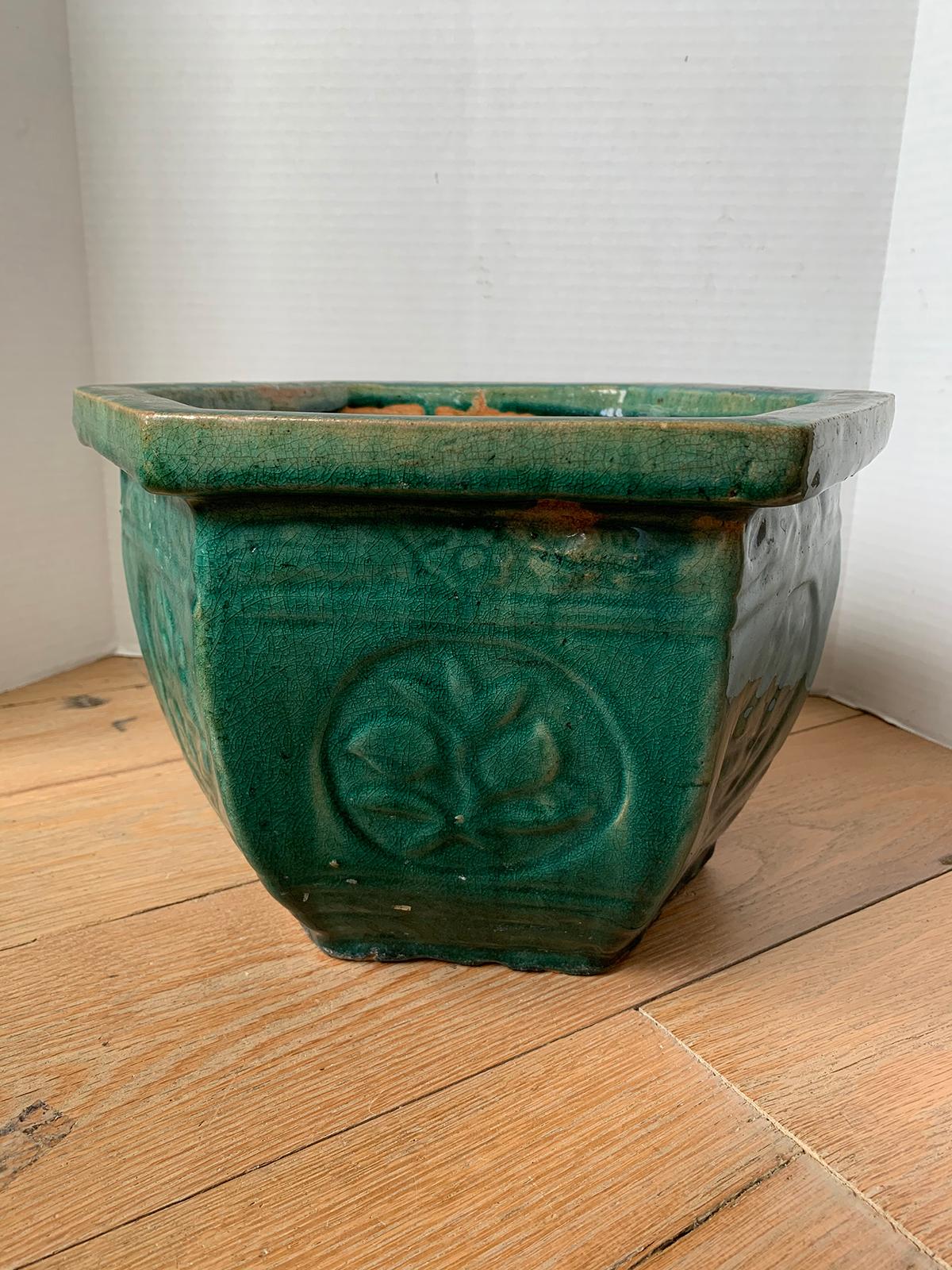 19th-20th century Chinese turquoise blue hexagonal pottery cachepot planter, unmarked.