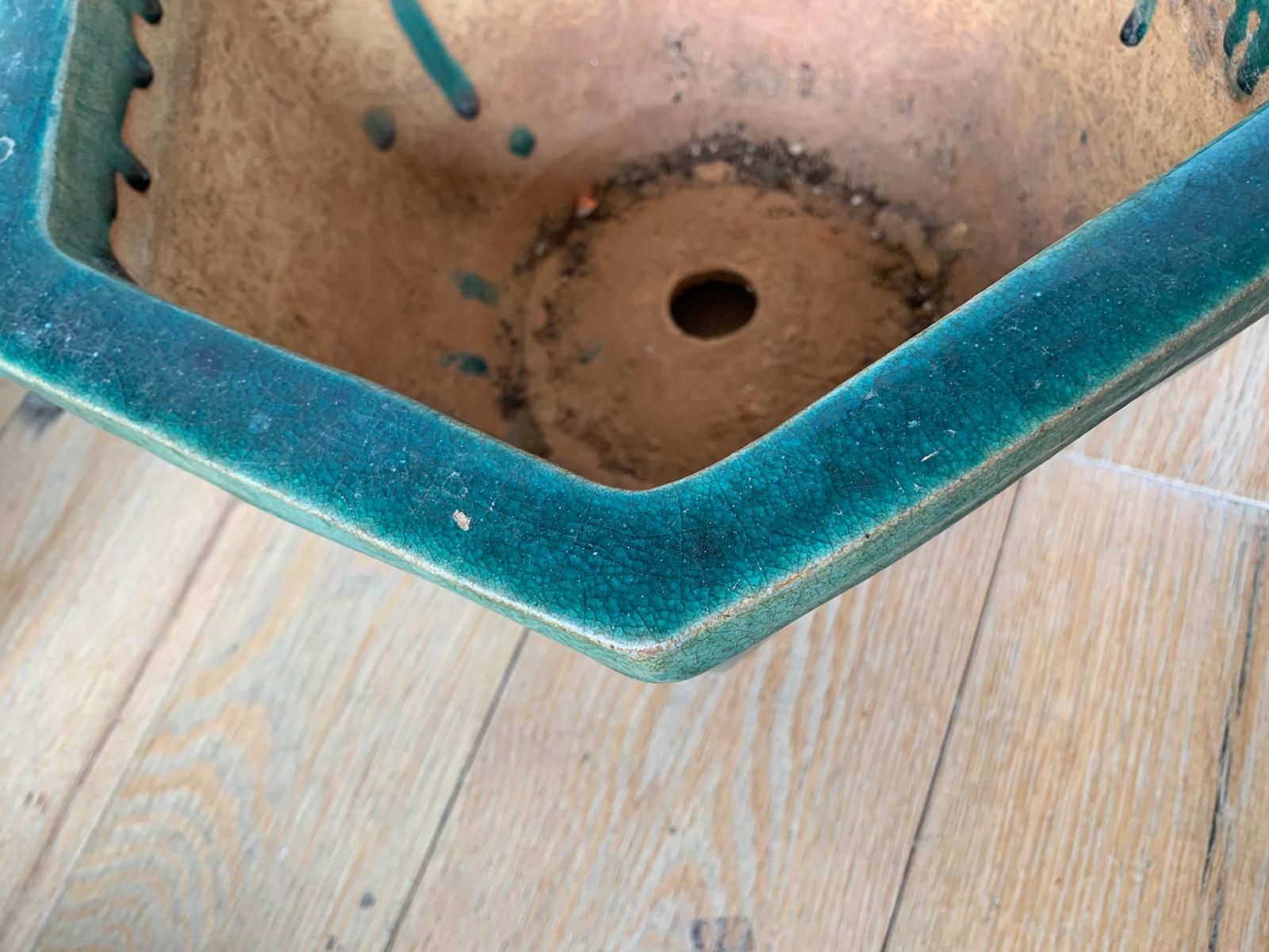 19th Century 19th-20th Century Chinese Turquoise Blue Hexagonal Pottery Cachepot Planter For Sale