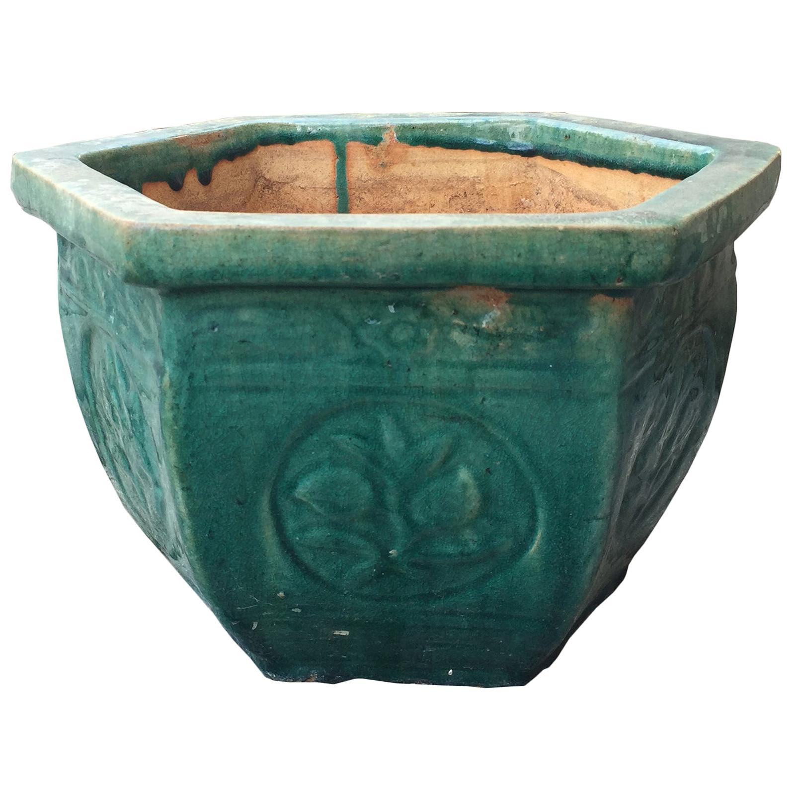 19th-20th Century Chinese Turquoise Blue Hexagonal Pottery Cachepot Planter