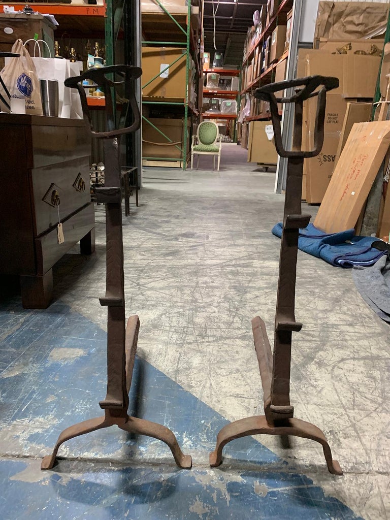 19th20th Century Continental Iron Andirons with Pot Warmers For Sale