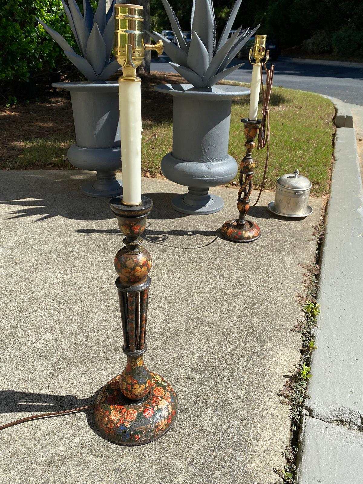Hand-Painted 19th-20th Century Continental Kashmiri Candlestick as Lamp For Sale