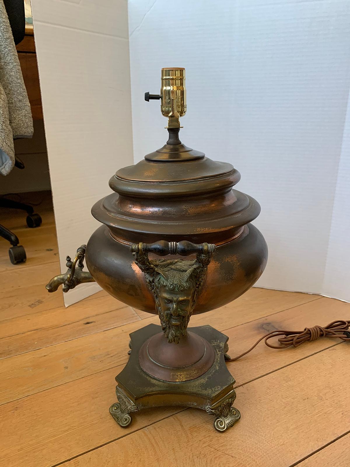 19th-20th century sensational copper and brass hot water urn as lamp
New wiring.