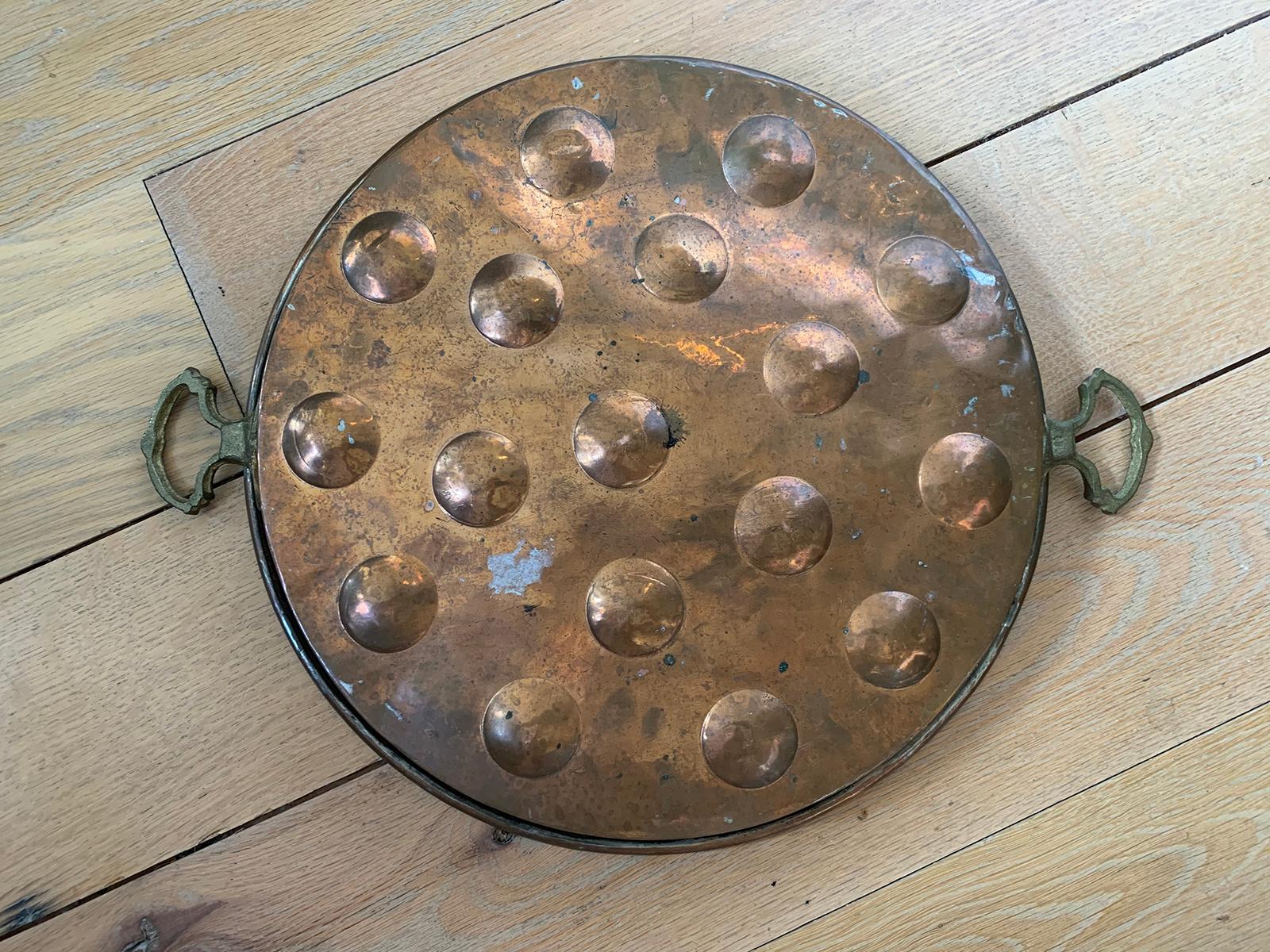 19th-20th century copper and tole pan with brass handles. Possibly used to hold eggs.