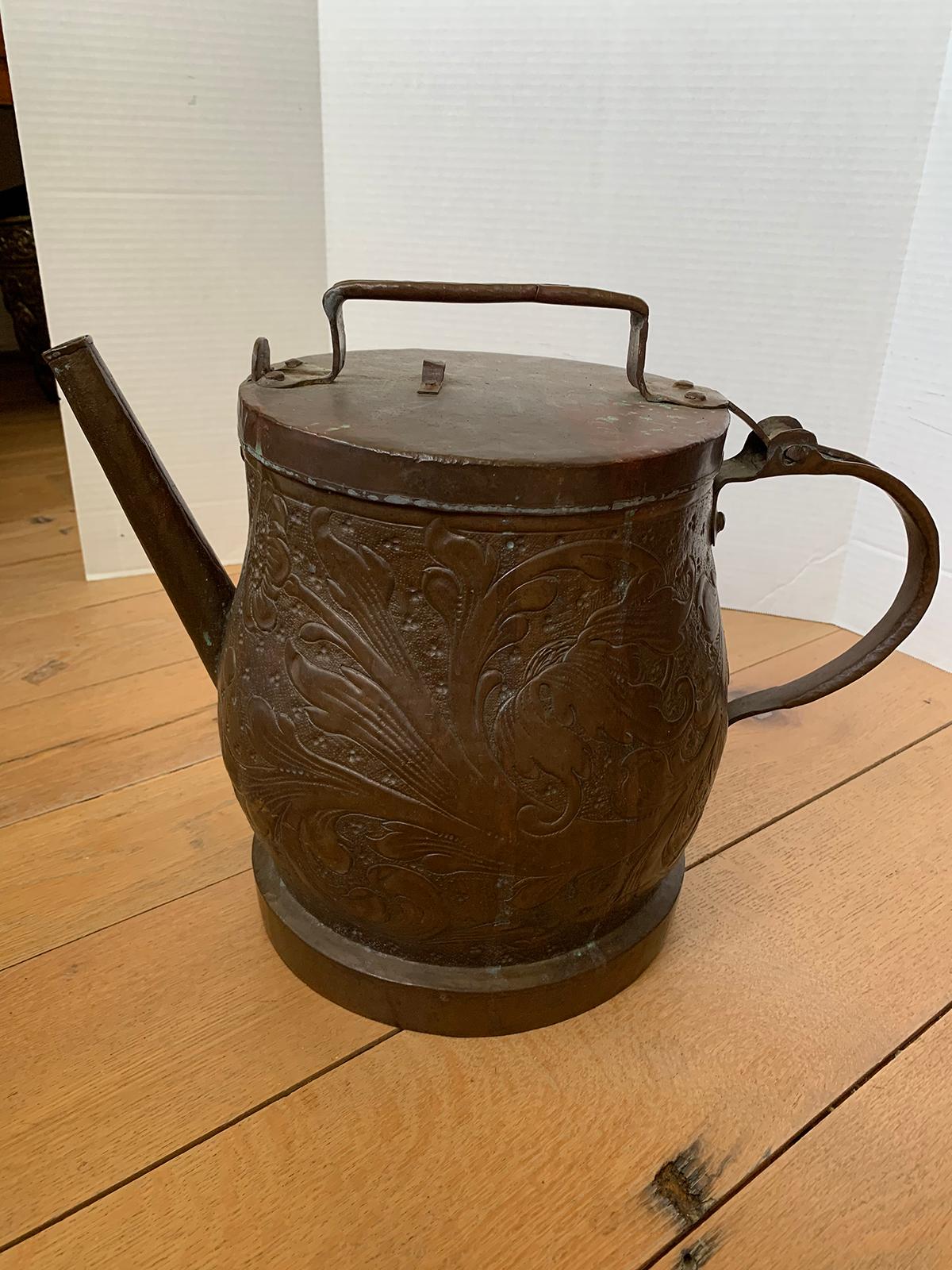 19th-20th century eastern continental copper watering can with lid.