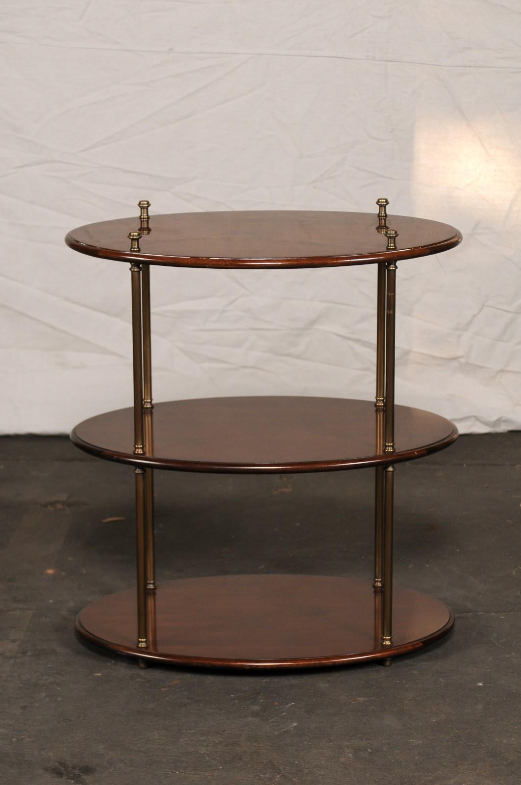 19th-20th century English mahogany and brass three-tier oval étagère
Campaign style.