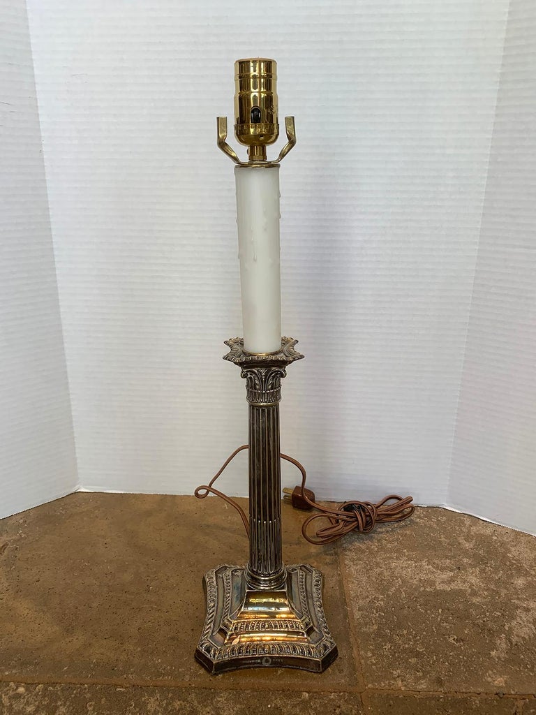 19th-20th century English neoclassical silver plate column candlestick lamp
Hallmarked Rodgers
New wiring.