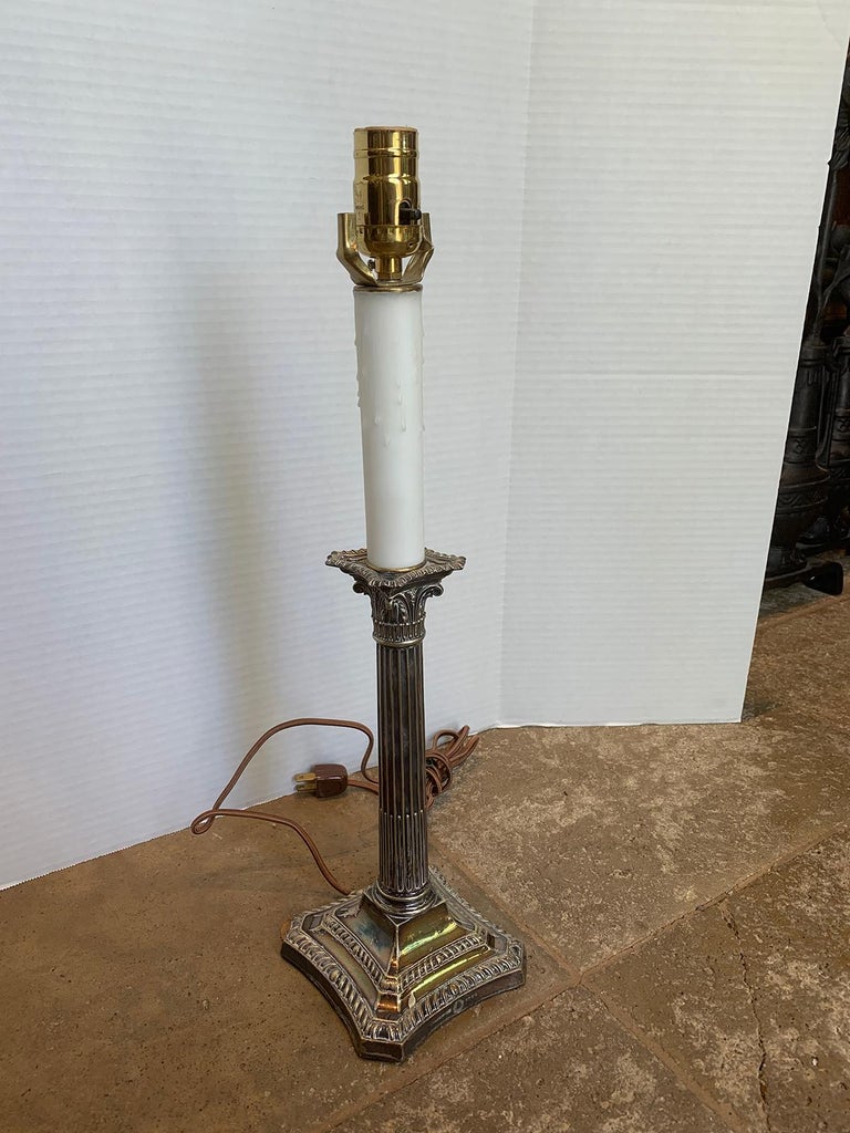 19th-20th Century English Neoclassical Silver Plate Column Candlestick Lamp In Good Condition For Sale In Atlanta, GA
