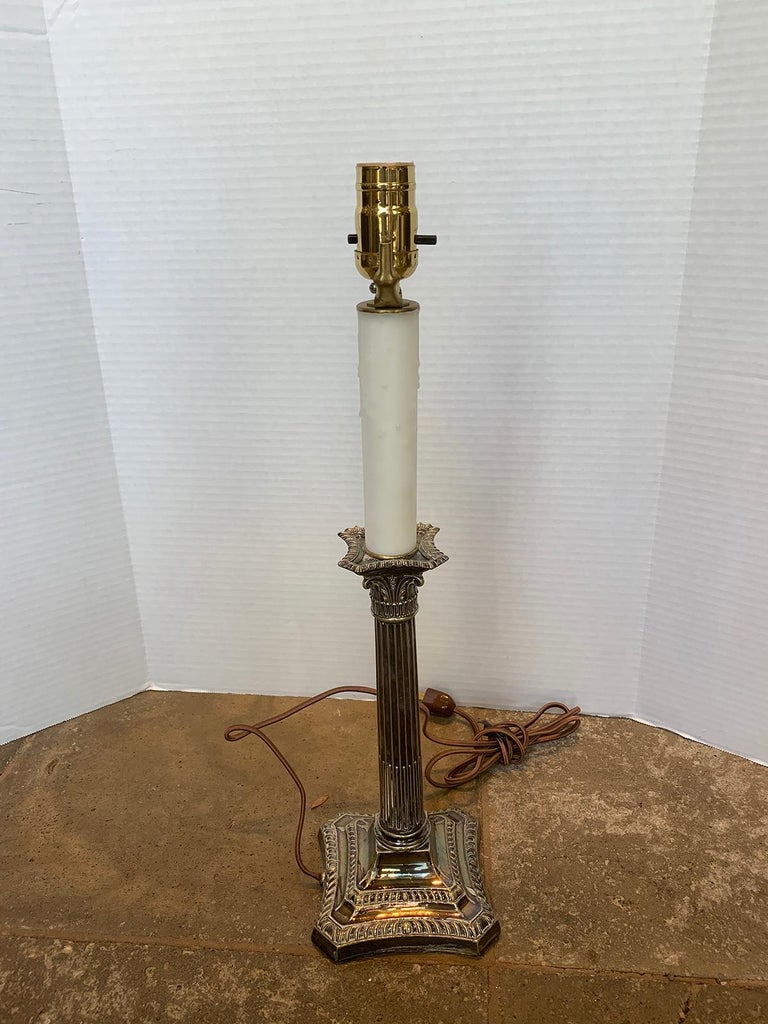 19th Century 19th-20th Century English Neoclassical Silver Plate Column Candlestick Lamp For Sale