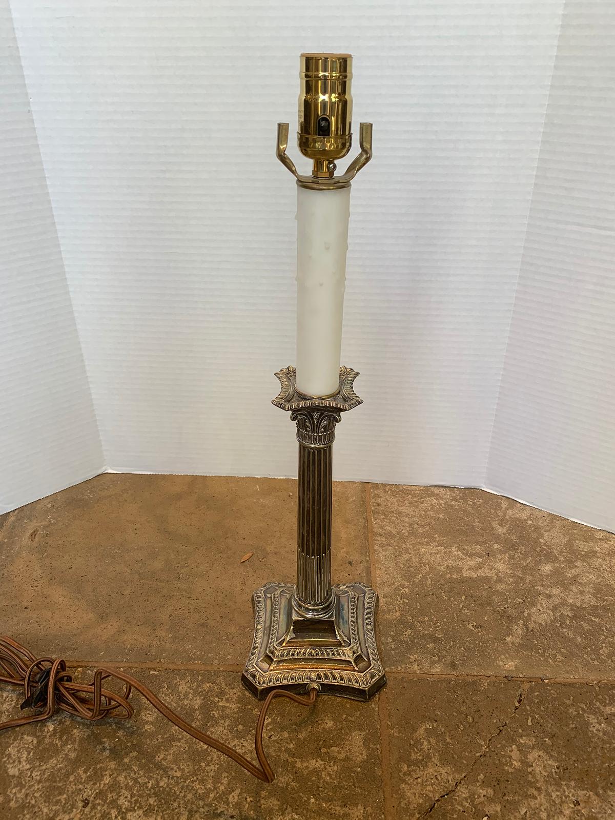 19th-20th Century English Neoclassical Silver Plate Column Candlestick Lamp For Sale 1