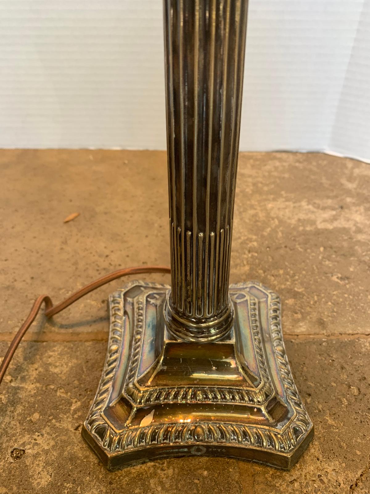 19th-20th Century English Neoclassical Silver Plate Column Candlestick Lamp For Sale 5