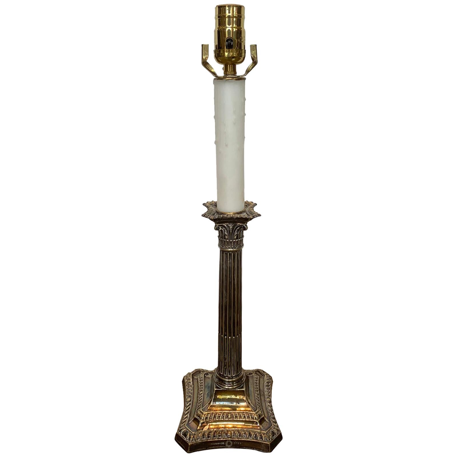 19th-20th Century English Neoclassical Silver Plate Column Candlestick Lamp For Sale