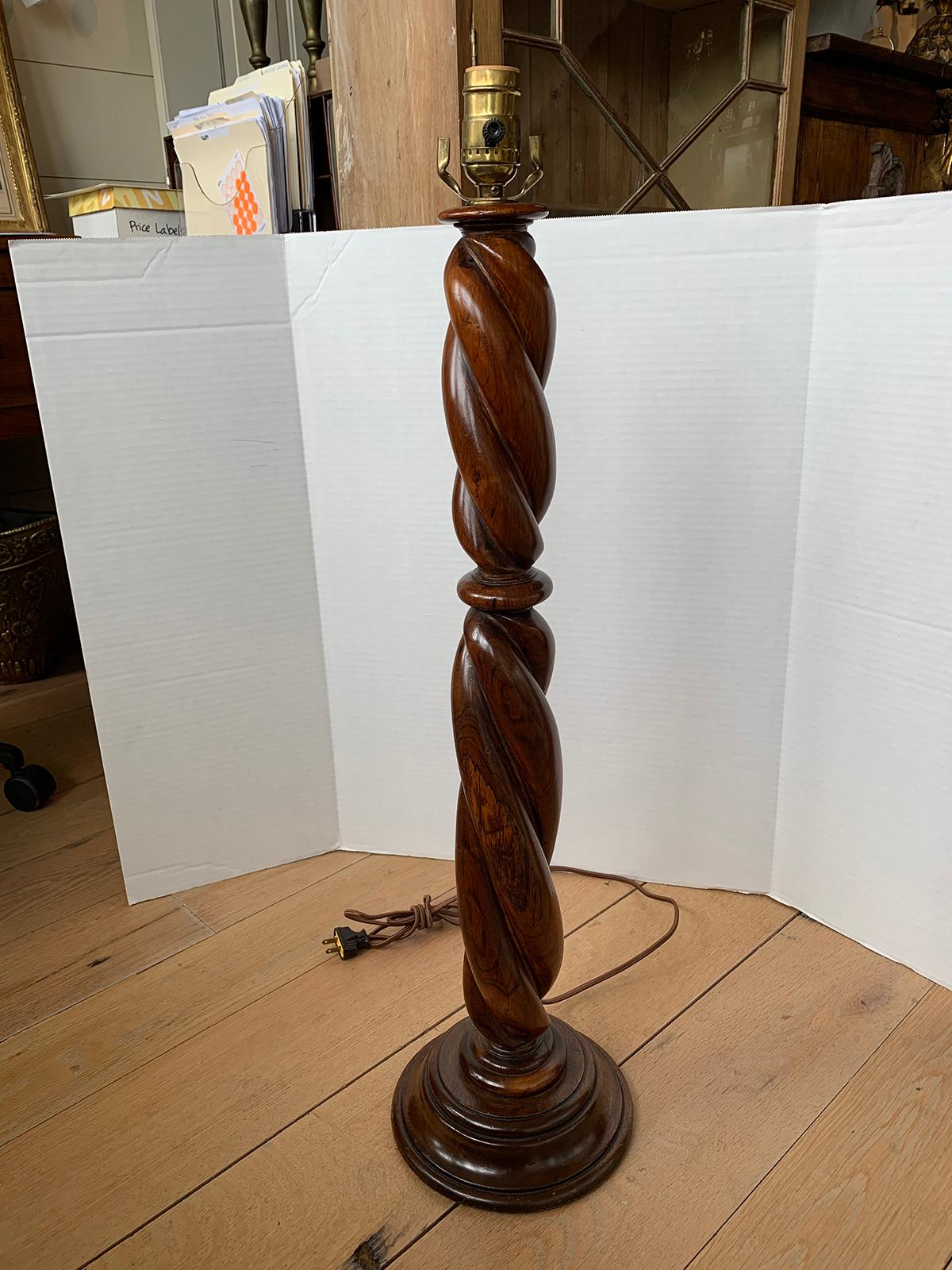 19th-20th century English tall wooden twist lamp
New wiring.