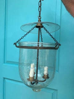 19th-20th Century Etched Bell Jar Three-Light Lantern with Aged Brass Banding