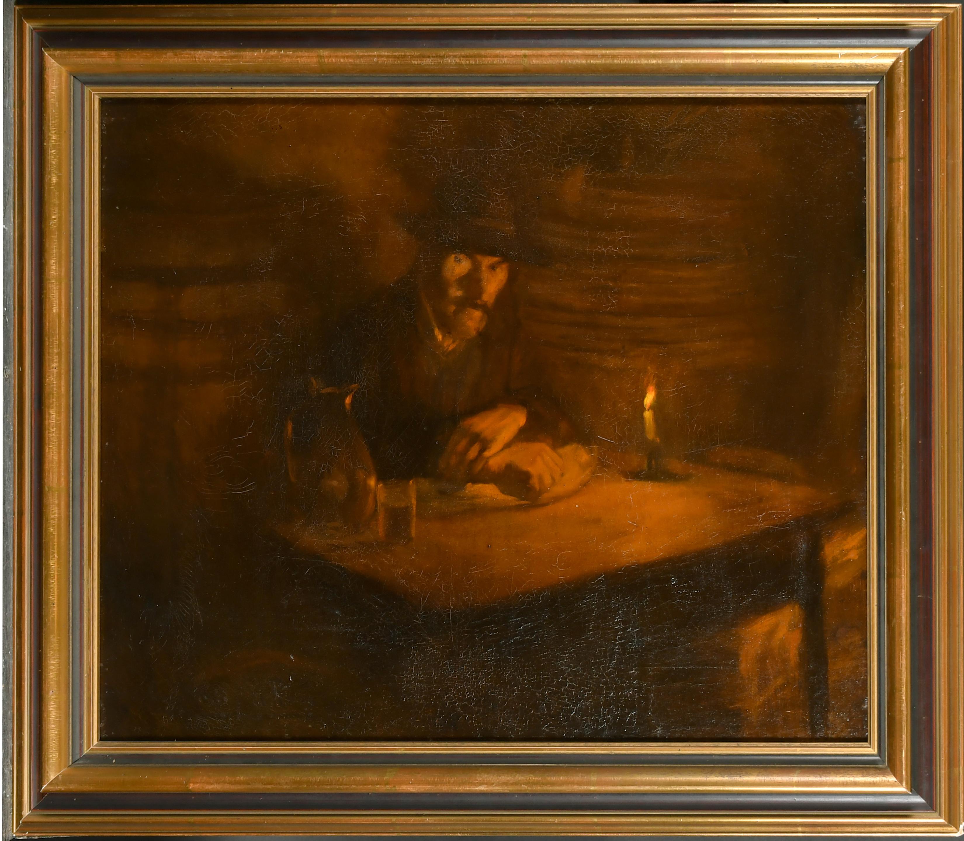 A Figure by Candlelight
19th-20th Century European School (most likely French)
signed indistinctly, oil painting on canvas, framed
framed: 25 x 29 inches
canvas: 20 x 24 inches
provenance: private collection, England
condition: very good and sound