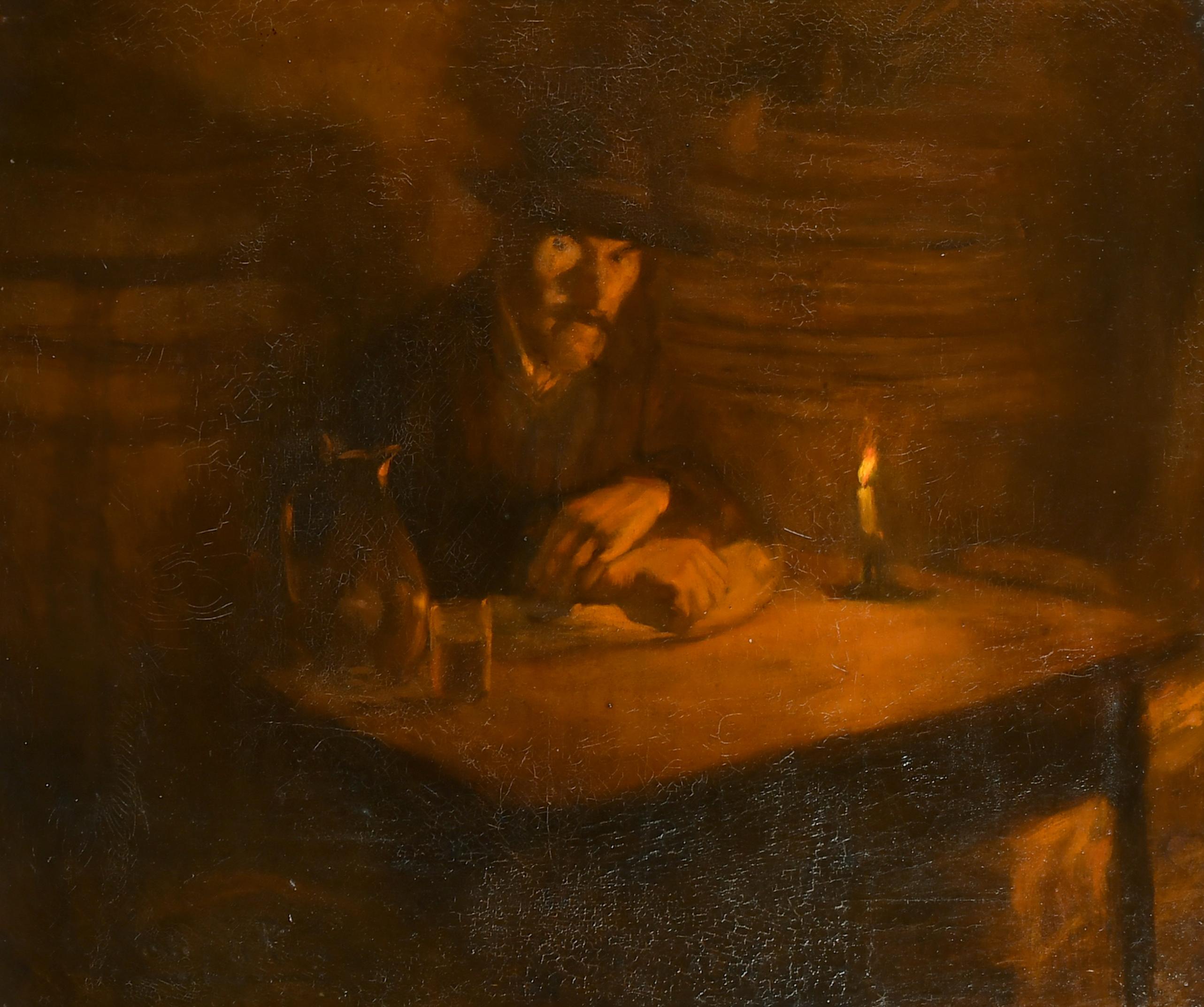 19th-20th Century European School Portrait Painting - Man seated in Bar by Candlelight Signed Antique Impressionist Oil Painting 
