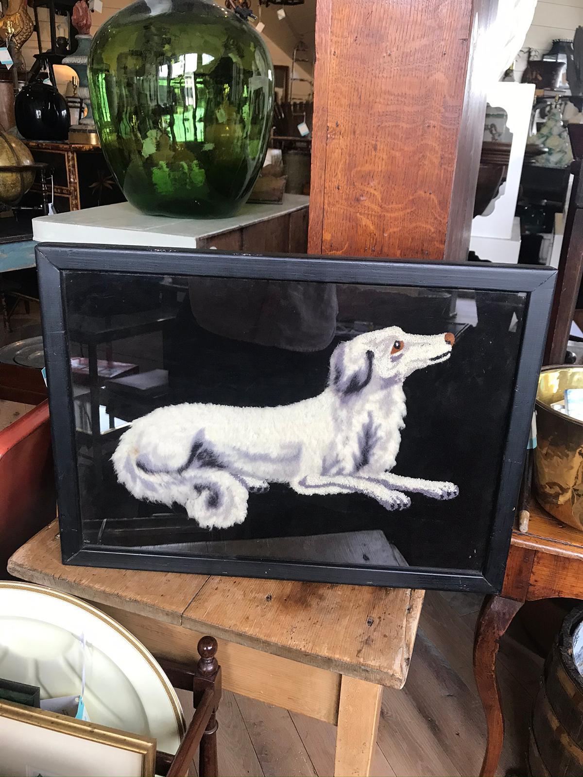 19th-20th century framed needlework of grey & white dog.