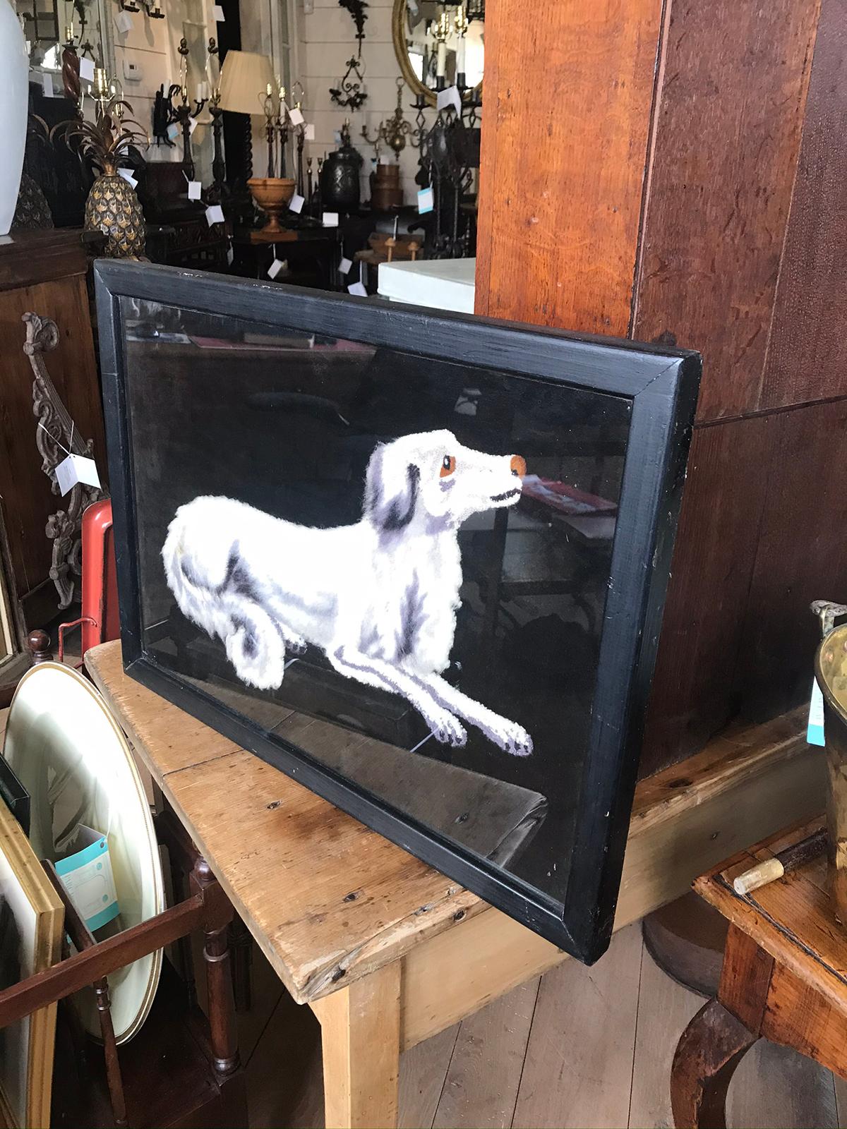 19th-20th Century Framed Needlework of Grey & White Dog For Sale 1