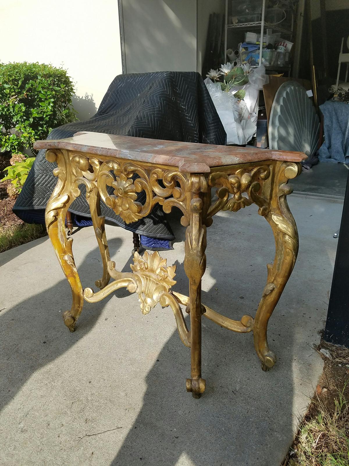 Hand-Carved 19th-20th Century French Carved Giltwood Console with Marble Top