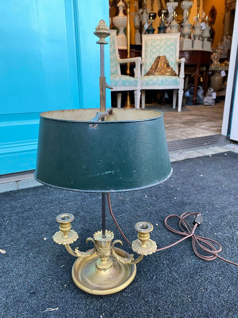 19th-20th Century French Gilt Bronze Bouillotte Lamp, Green Tole Shade 9