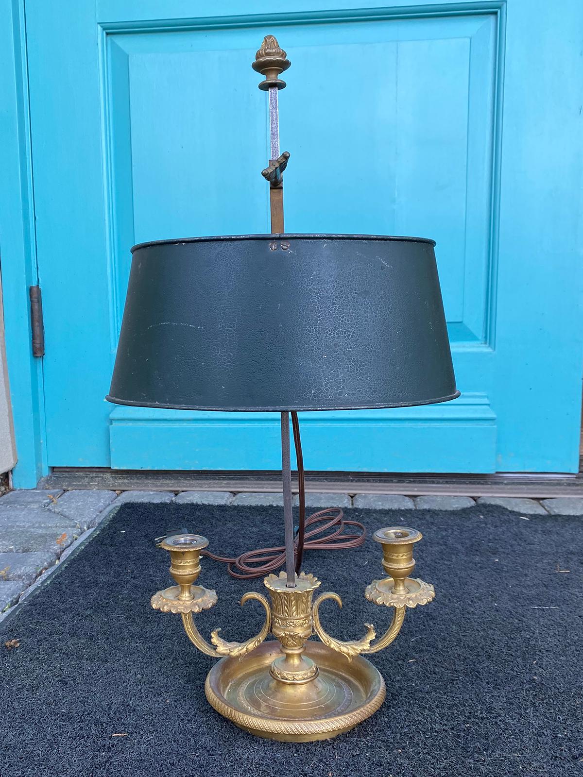 19th-20th Century French gilt bronze two light bouillotte lamp, green painted tole shade
New wiring.