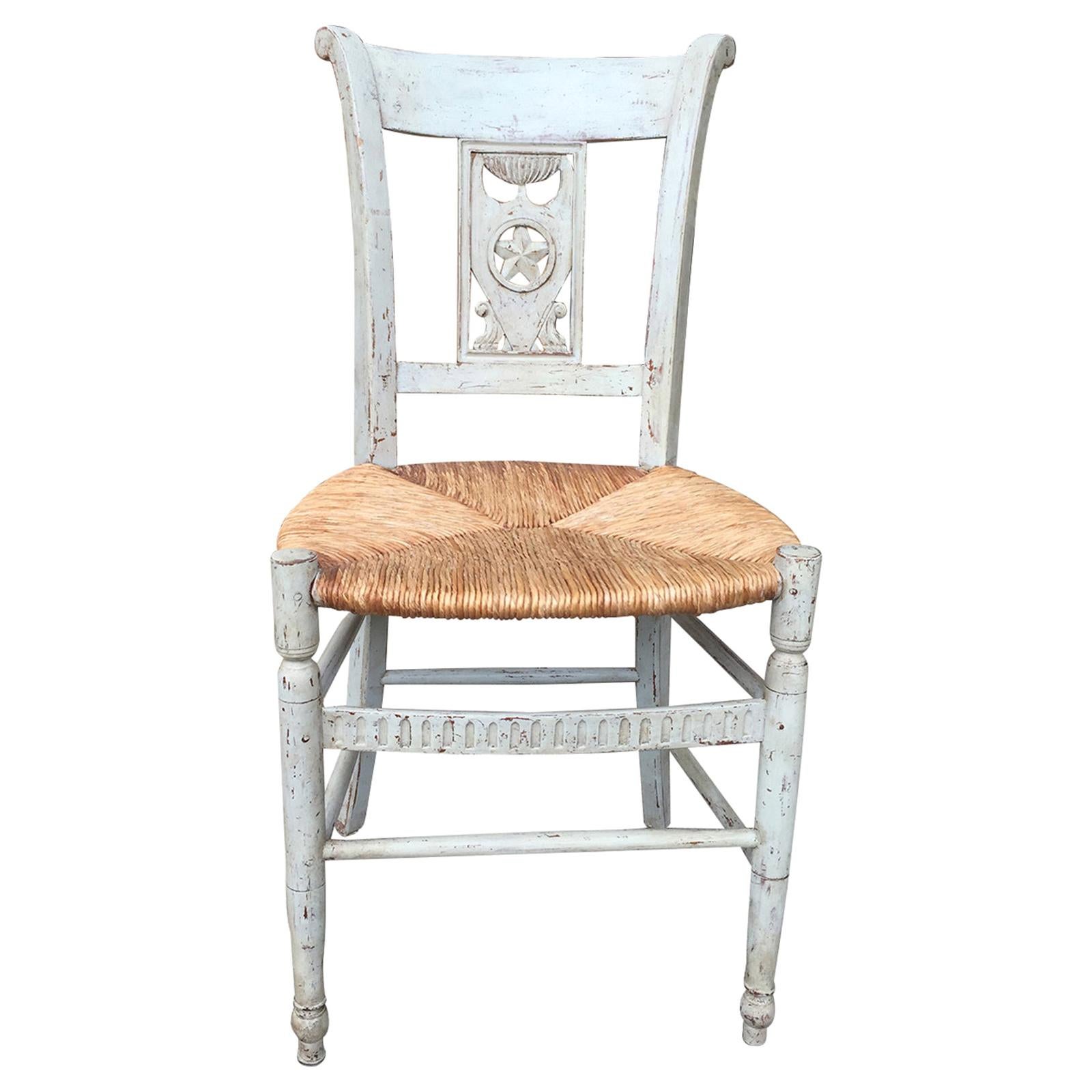 19th-20th Century French Painted Side Chair with Rush Seat